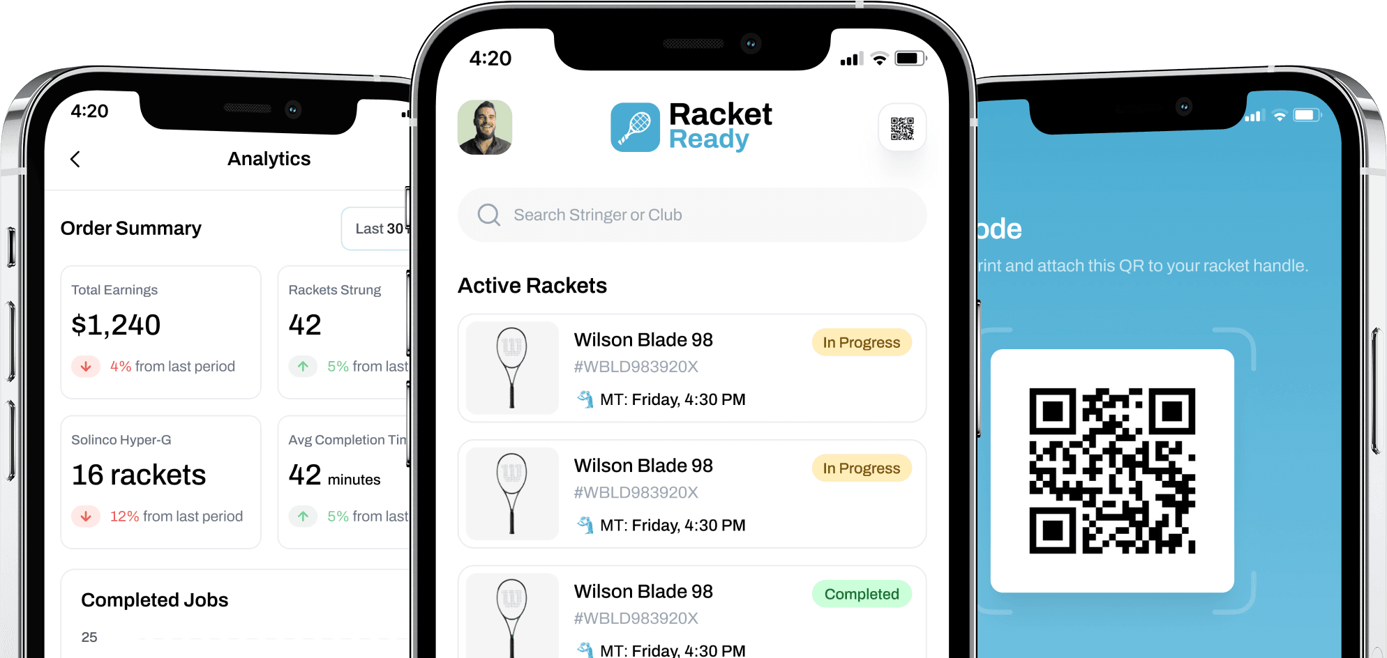 Racket Ready mobile app — analytics, racket library, and QR code workflow